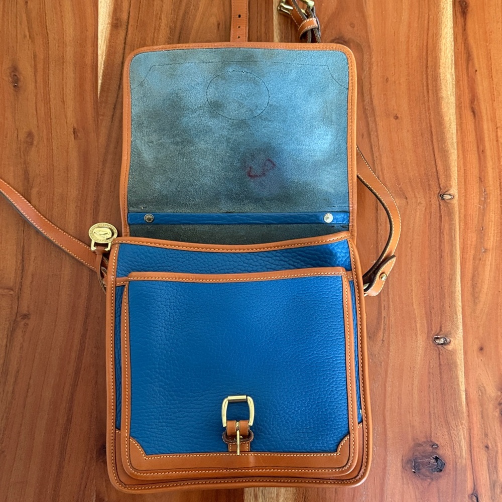 Vintage Dooney & Bourke AWL Carrier Satchel Blue/British Tan Crossbody + Strap - Picture 8 of 13